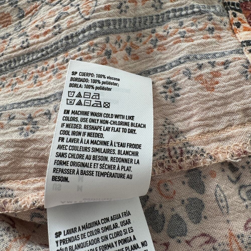 American Eagle Medium Boho Top Embroidered Tassel Long Sleeve Keyhole Pink Multi - Picture 10 of 11